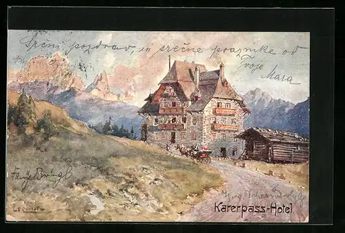 Künstler-AK Edward Theodore Compton: Karerpass-Hotel vor Bergpanorama