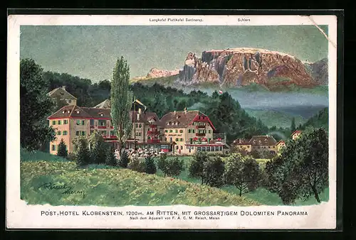 Künstler-AK F.A.C.M. Reisch: Klobenstein, Post-Hotel am Ritten, mit Dolomiten-Panorama