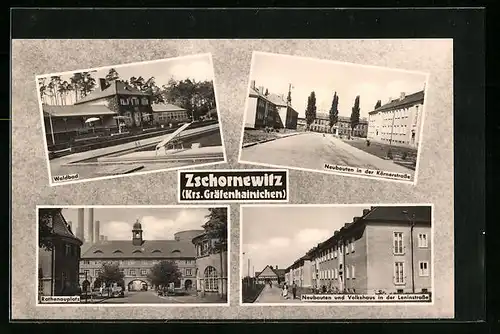 AK Zschornewitz, Waldbad, Rathenauplatz, Neubauten in der Körnerstrasse