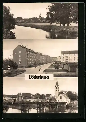 AK Löderburg /Kr. Stassfurt, An der Bode, Strasse der Einheit, Bodebrücke u. Kirche