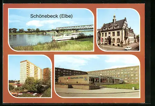 AK Schönebeck /Elbe, Ernst-Thälmann-Brücke, Rathaus, Kaufhalle Süd