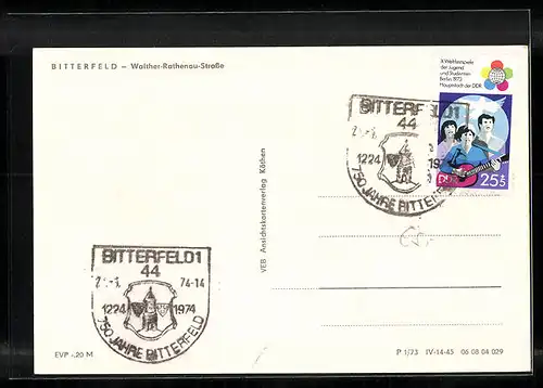 AK Bitterfeld, Walther-Rathenau-Strasse mit Springbrunnen und Kirche