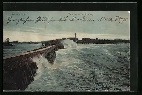 AK Warnemünde, Westmole in der Brandung