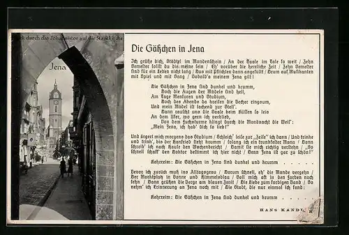 AK Jena, Strassenpartie am Johannistor, Blick auf die Stadtkirche