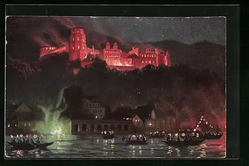 AK Heidelberg, Schlossbeleuchtung bei Nacht