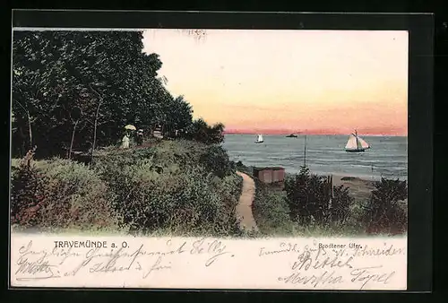 AK Travemünde, Segelboote auf der Ostsee im Abendrot