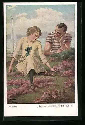 Künstler-AK Bill Fisher: Kannst du mich wirklich lieben? Veträumter junger Herr zu seiner Dame blickend