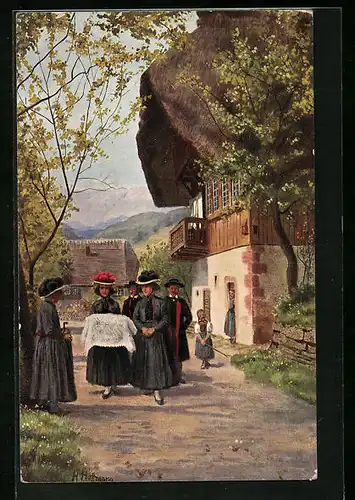 Künstler-AK Heinrich Hoffmann: Damen in Trachten, Kindtaufe