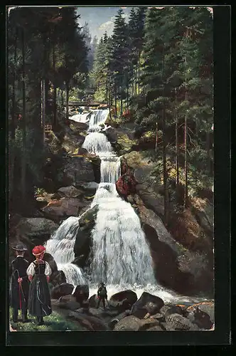 Künstler-AK Heinrich Hoffmann: Ausflug zum Wasserfall in Triberg, Schwarzwälder in Tracht