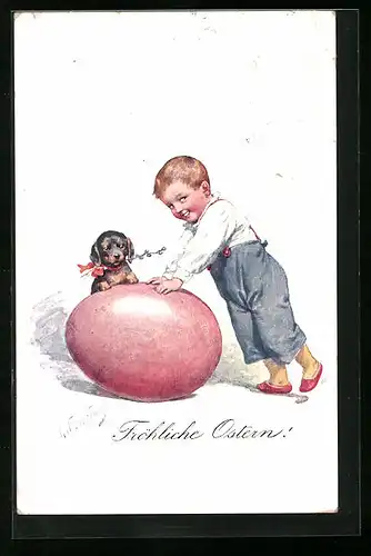 Künstler-AK Karl Feiertag: Ostergrüsse, Kind mit grossem Osterei und Dackel