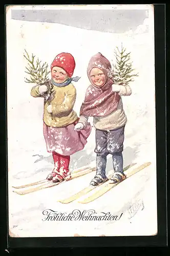 Künstler-AK Karl Feiertag: Kinder mit Tannenbäumchen auf Skiern im Schnee, Weihnachtsgrüsse