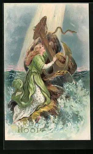 Präge-AK Frau im Wasser umschlingt Anker