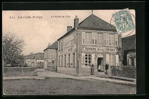 AK La Celle-St-Cyr, Mercerie-Modes-Epicerie, La Route de Cezy