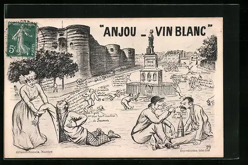 AK Anjou, Betrunkene vor Festungsmauern auf einem Platz