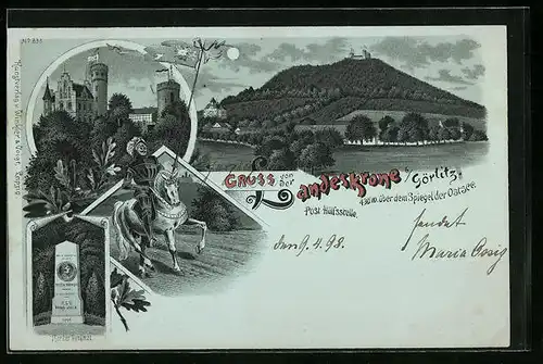 Mondschein-Lithographie Görlitz, Landeskrone, Ritter auf einem Pferd, Burg, Körner-Denkmal
