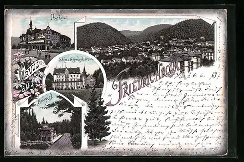 Lithographie Friedrichroda, Kurhaus, Bahnhof, Schloss Reinhardsbrunn
