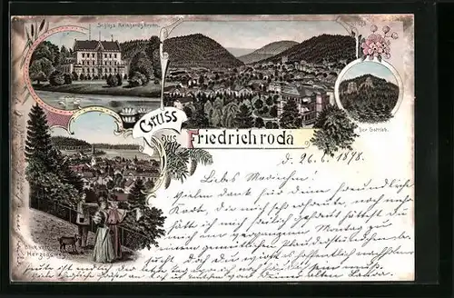 Lithographie Friedrichroda, Schloss Reinhardsbrunn, Gottlob, Blick vom Herzogsweg