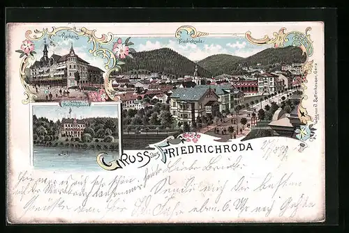 Lithographie Friedrichroda, Schloss Reinhardsbrunn, Kurhaus, Totalansicht