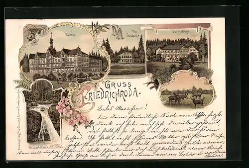 Lithographie Friedrichroda, Kurhaus, Klostermühle, Tanzbuche