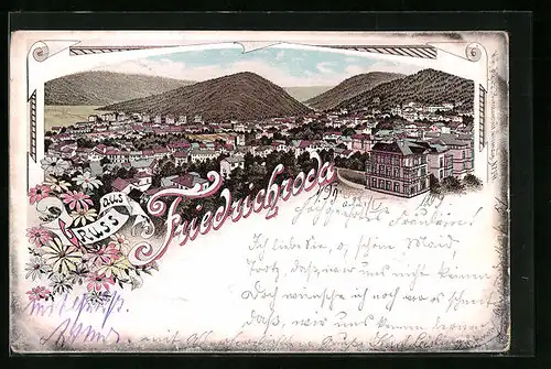 Lithographie Friedrichroda, Totalansicht mit Gebirge