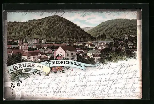 Lithographie Friedrichroda, Totalansicht mit Kirche