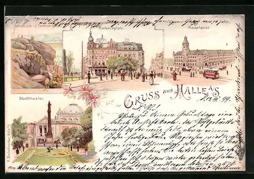 Lithographie Halle a. S., Riebeckplatz, Hauptpost, Jahnshöhle i. d. Trothaerfelsen