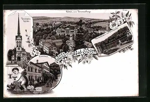 Lithographie Bad Elster, Trinitatiskirche, Badehaus, Totalansicht