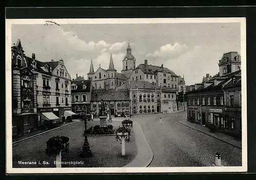 AK Meerane i. Sa, Bismarckplatz mit Denkmal