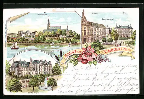 Lithographie Chemnitz, Carola-Hotel, Schlossteich, Rathaus, Börse, Beckerdenkmal