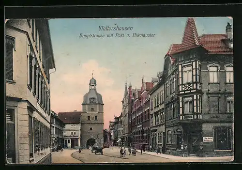 AK Waltershausen, Hauptstrasse mit Post und Nikolaustor