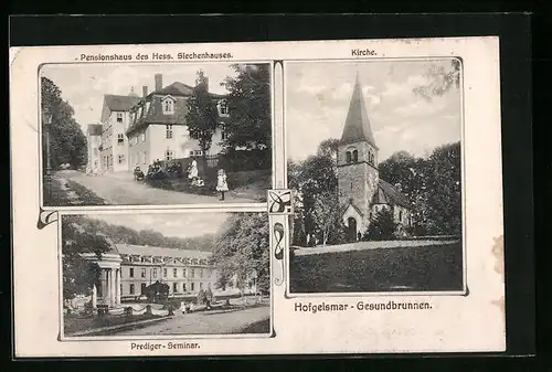 AK Hofgeismar-Gesundbrunnen, Gasthof des hess. Siechenhauses, Kirche, Prediger-Seminar