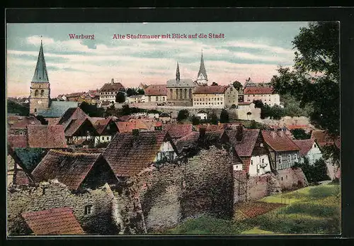 AK Warburg, Alte Stadtmauer mit Stadtpanorama