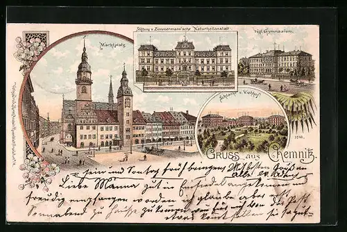 Lithographie Chemnitz, Marktplatz, Viehhof, Gymnasium