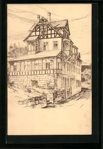 Künstler-AK Paulinzella, Blick zum Gasthaus Menger