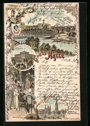 Lithographie Halle, Universität, Marktplatz, Burg Giebichenstein