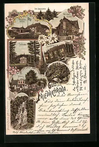 Lithographie Friedrichroda, Preussischer Gasthof, Gothaischer Gasthof, Tanzbuche, Heuberg, Spiessberg