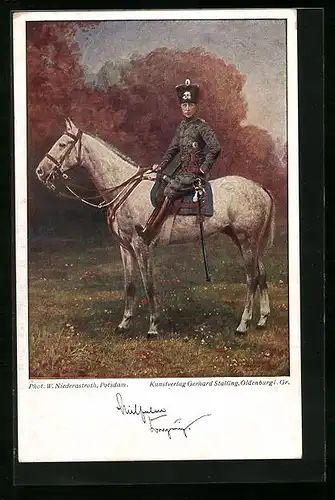 Künstler-AK Kronprinz Wilhelm von Preussen stolz auf seinem Pferd sitzend