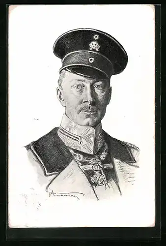 Künstler-AK Kronprinz Wilhelm von Preussen in Uniform mit Schirmmütze