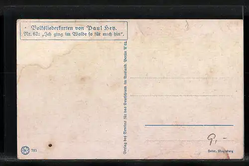 Künstler-AK Paul Hey: Volksliederkarte Nr. 62: Ich ging im Walde so für mich hin