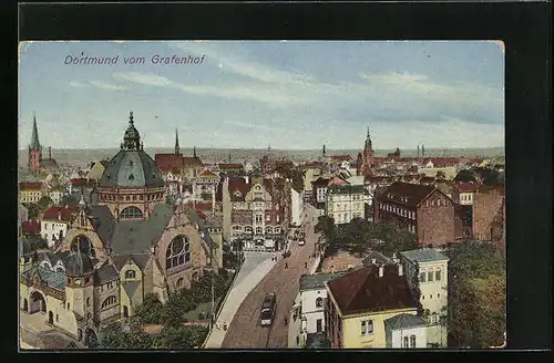 AK Dortmund, Strassenpartie mit Synagoge und Strassenbahn vom Grafenhof