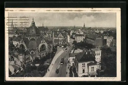 AK Dortmund, Strassenpartie mit Synagoge und Strassenbahn vom Grafenhof