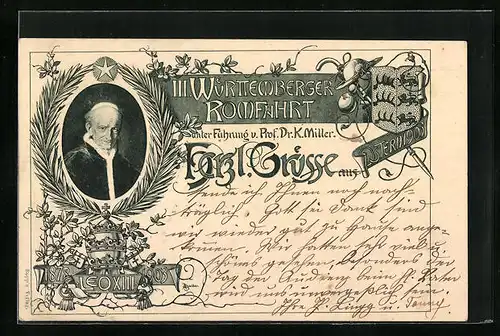AK Papst Leo XIII., 1878-1903, III. Württemberger Romfahrt Ostern 1903, Wappen