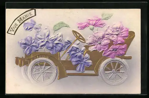 Präge-Airbrush-AK Vive Marie, Auto mit Blumen