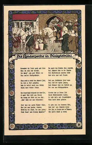 Steindruck-AK Dinkelsbühl, Gedicht Die Kinderzeche in Dinkelsbühl und Bild einer Kindergruppe mit Reitern