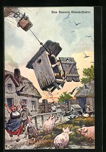 Künstler-AK Arthur Thiele: Des Bauern Himmelfahrt - Ballon entert Klosetthäuschen mit Bauern darin