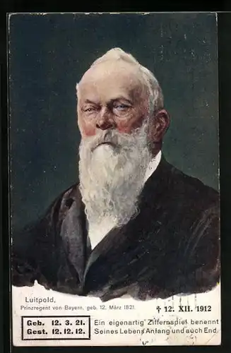 Künstler-AK Fritz Hass unsign.: Portrait Prinzregent Luitpold - Karte zum Todestag 1912