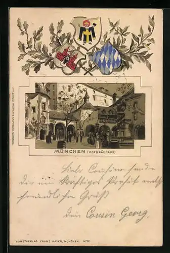 Passepartout-Lithographie München, Hofbräuhaus, Kindl, Stadtwappen, Bayrisches Wappen