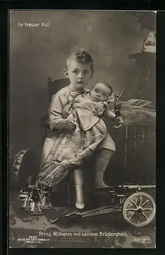 AK Reklame In treuer Hut (Prinz Wilhelm mit seinem Brüderchen und Kriegsspielzeug), Reklametext Rückseite