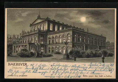 Lithographie Hannover, Theater von der Strasse gesehen, Halt gegen das Licht: Fensterlicht und Mondschein