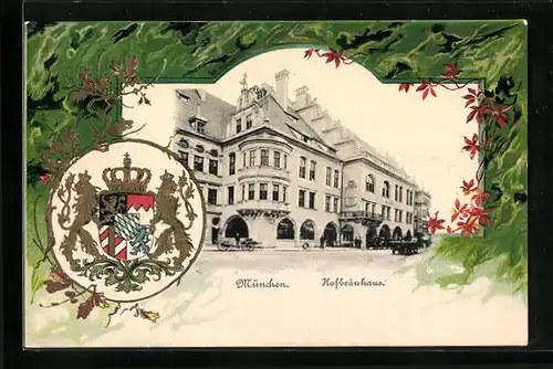 Passepartout-Lithographie München, Hofbräuhaus von der Strasse gesehen, Wappen